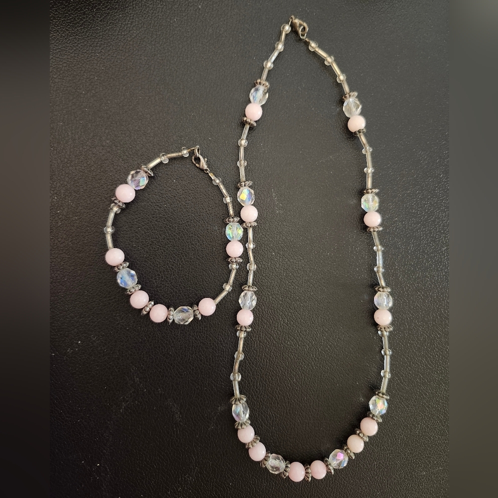 Authentic Handmade Guatemalan Pink And Clear Jewelry Set Bracelet And Necklace
